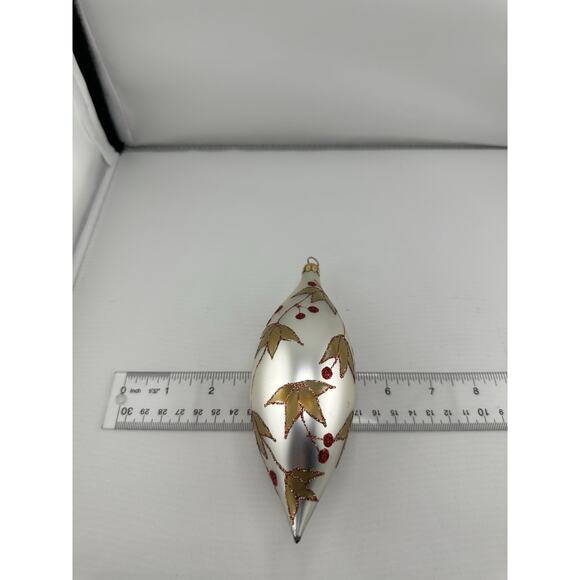 Vintage Hand Blown Glass Christmas Ornament Silver w/ Gold Leaves Berries 7" - Picture 5 of 5